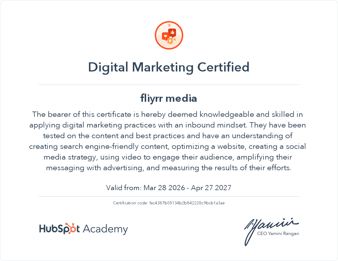 Fliyrr Media digital marketing certificate